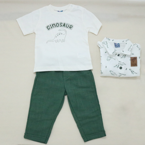 Baby Boy's White Dinosaur Print Shirt and Dark Pants Outfit