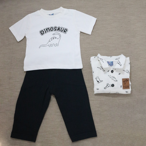 Baby Boy's White Dinosaur Print Shirt and Dark Pants Outfit