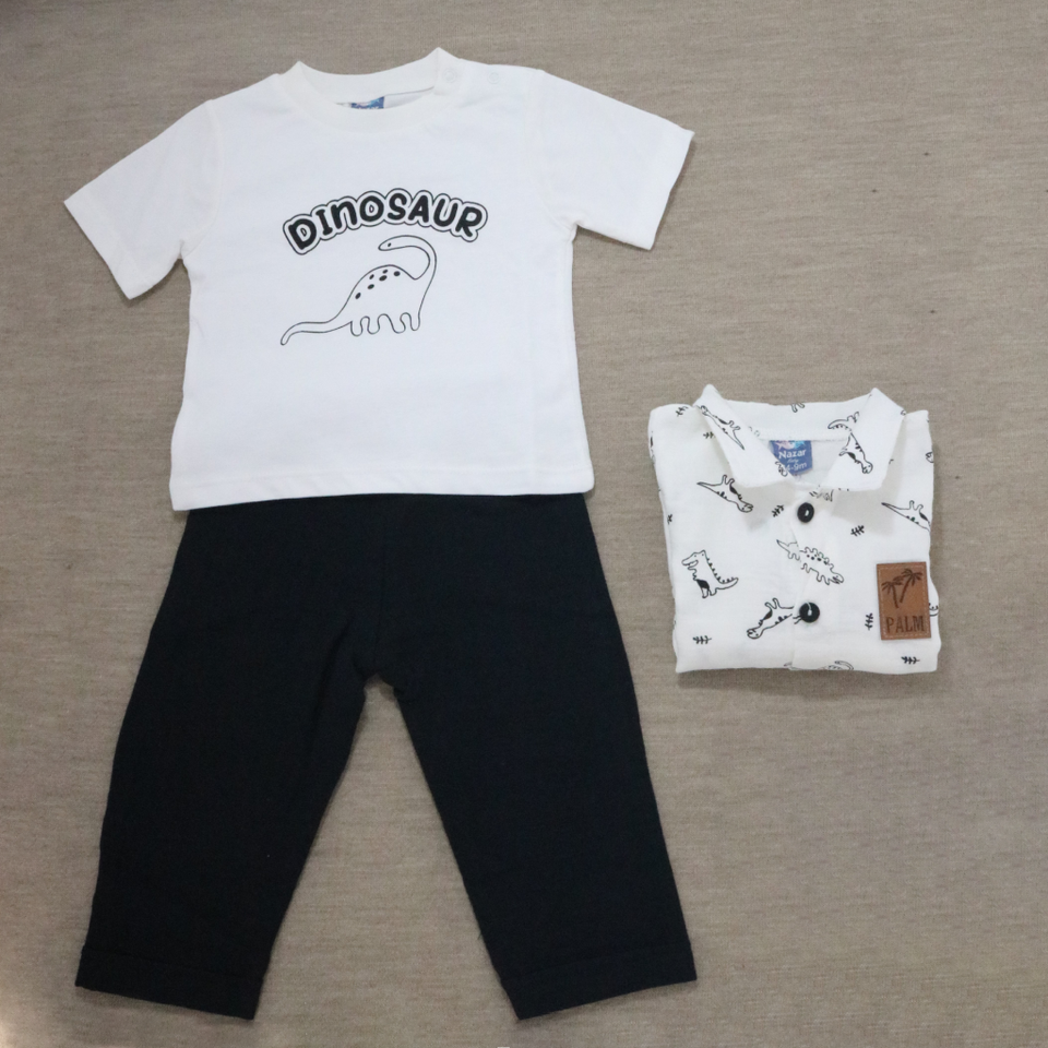Baby Boy's White Dinosaur Print Shirt and Dark Pants Outfit