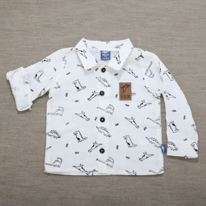 Baby Boy's White Dinosaur Print Shirt and Dark Pants Outfit