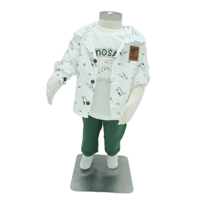 Baby Boy's White Dinosaur Print Shirt and Dark Pants Outfit
