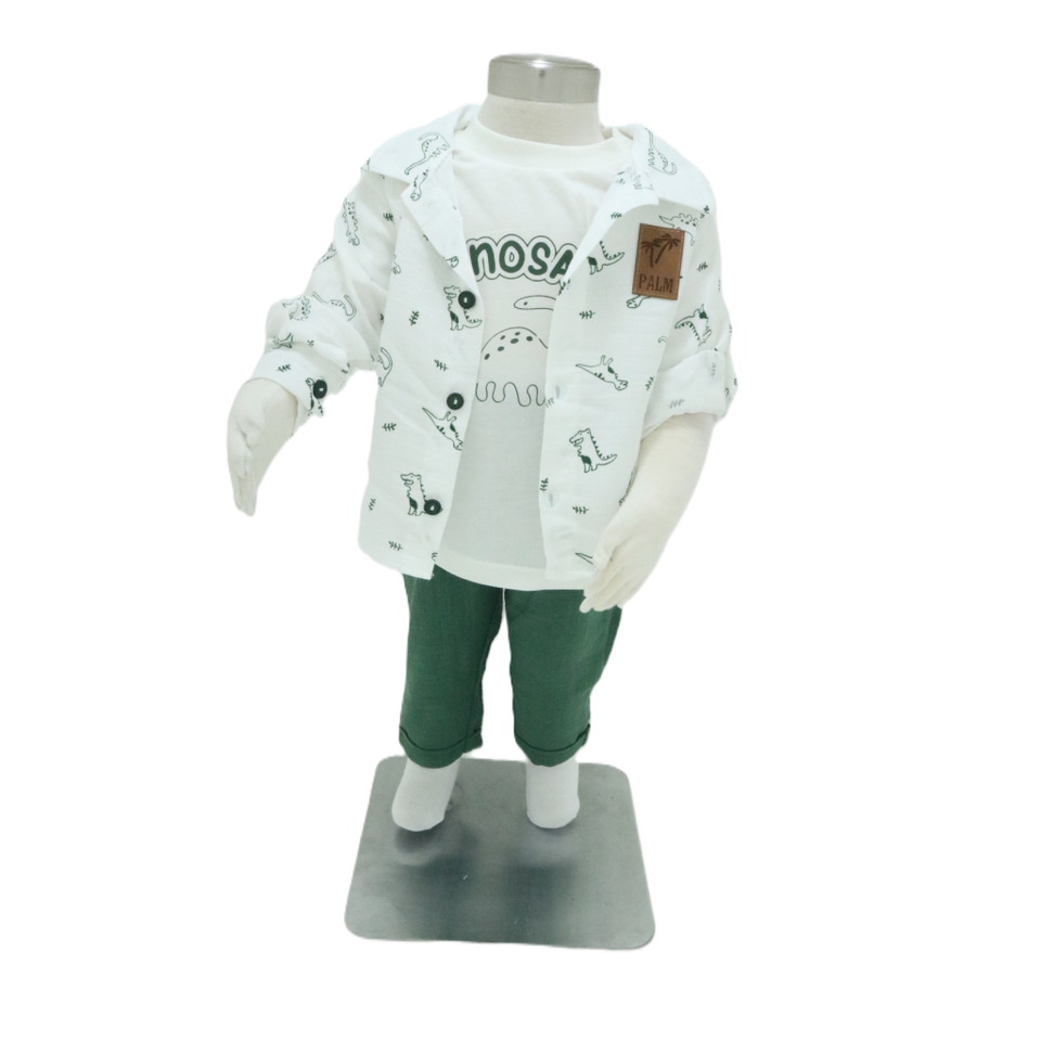 Baby Boy's White Dinosaur Print Shirt and Dark Pants Outfit