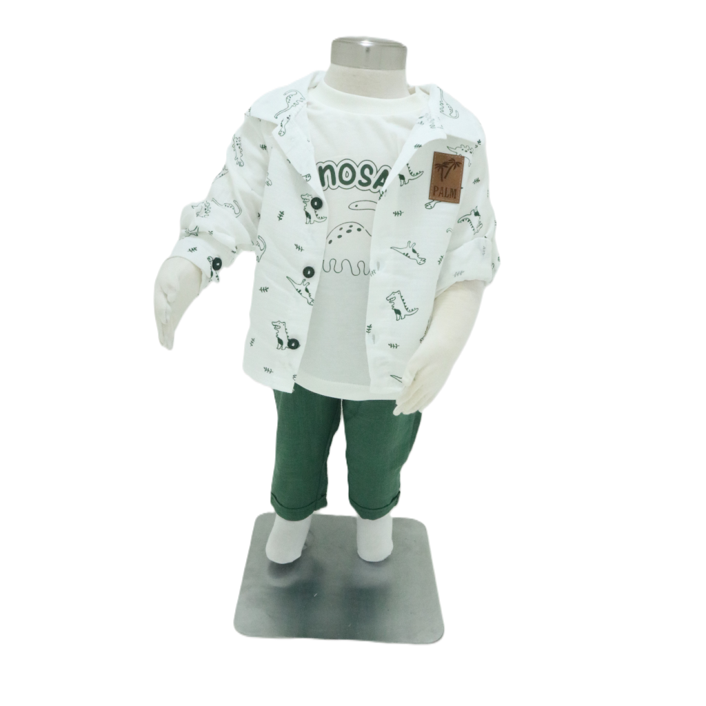 Baby Boy's White Dinosaur Print Shirt and Dark Pants Outfit