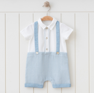 Classic Baby Boy Outfit – White Shirt & Blue Suspender Shorts
