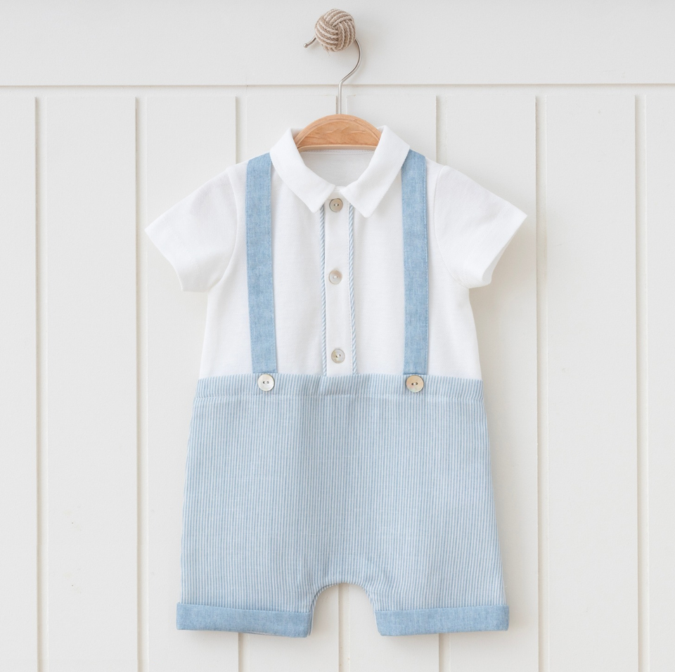 Classic Baby Boy Outfit – White Shirt & Blue Suspender Shorts