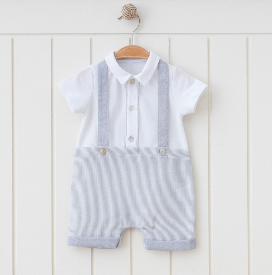 Classic Baby Boy Outfit – White Shirt & Grey Suspender Shorts