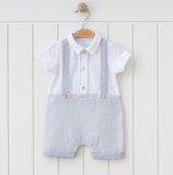 Classic Baby Boy Outfit – White Shirt & Grey Suspender Shorts