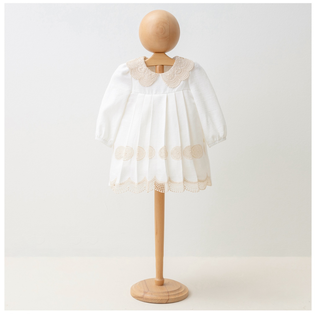 Baby Dress Pure white with cream lace Peter Pan collar, puffy sleeves