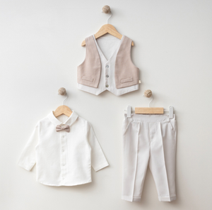 Classic Baby Boy Formal Outfit -Brown (Vest, Shirt, Pants & Bow Tie)