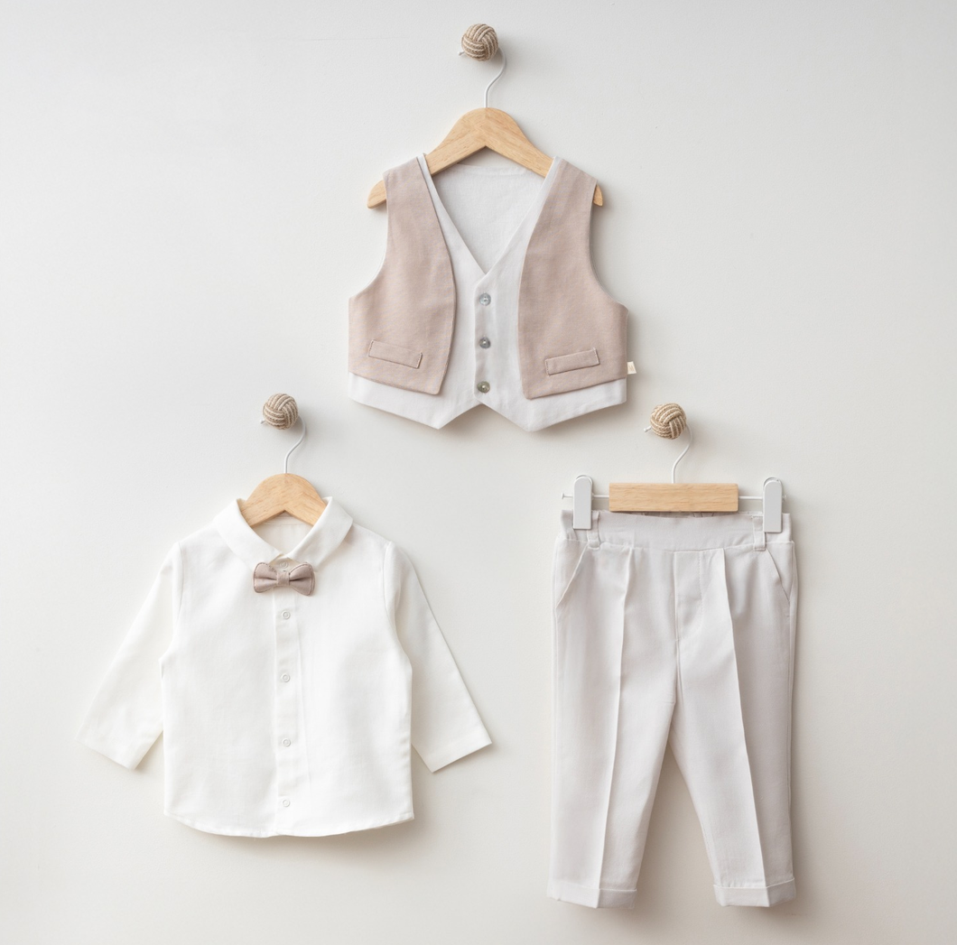 Classic Baby Boy Formal Outfit -Brown (Vest, Shirt, Pants & Bow Tie)