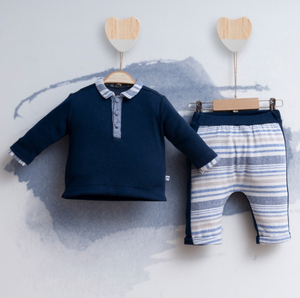 Navy Blue Polo & Striped Pants Baby Outfit