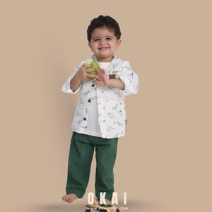 Baby Boy's White Dinosaur Print Shirt and Dark Pants Outfit